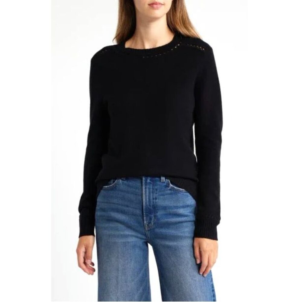 GRIFFEN Open Stitch Trim Wool & Cashmere Crewneck Sweater Size M Black NEW